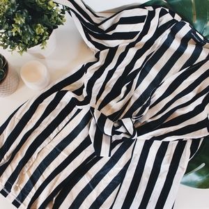 Monochrome Stripe Tie Front Long Blouse